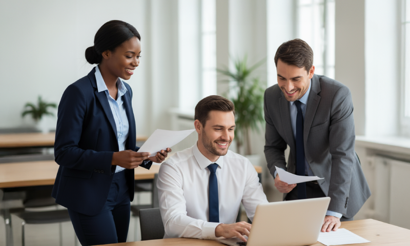 Group of three people gather around a laptop in an office.