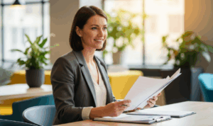 Woman in a blazer reviewing papers in an office.