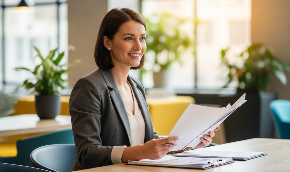 Woman in a blazer reviewing papers in an office.