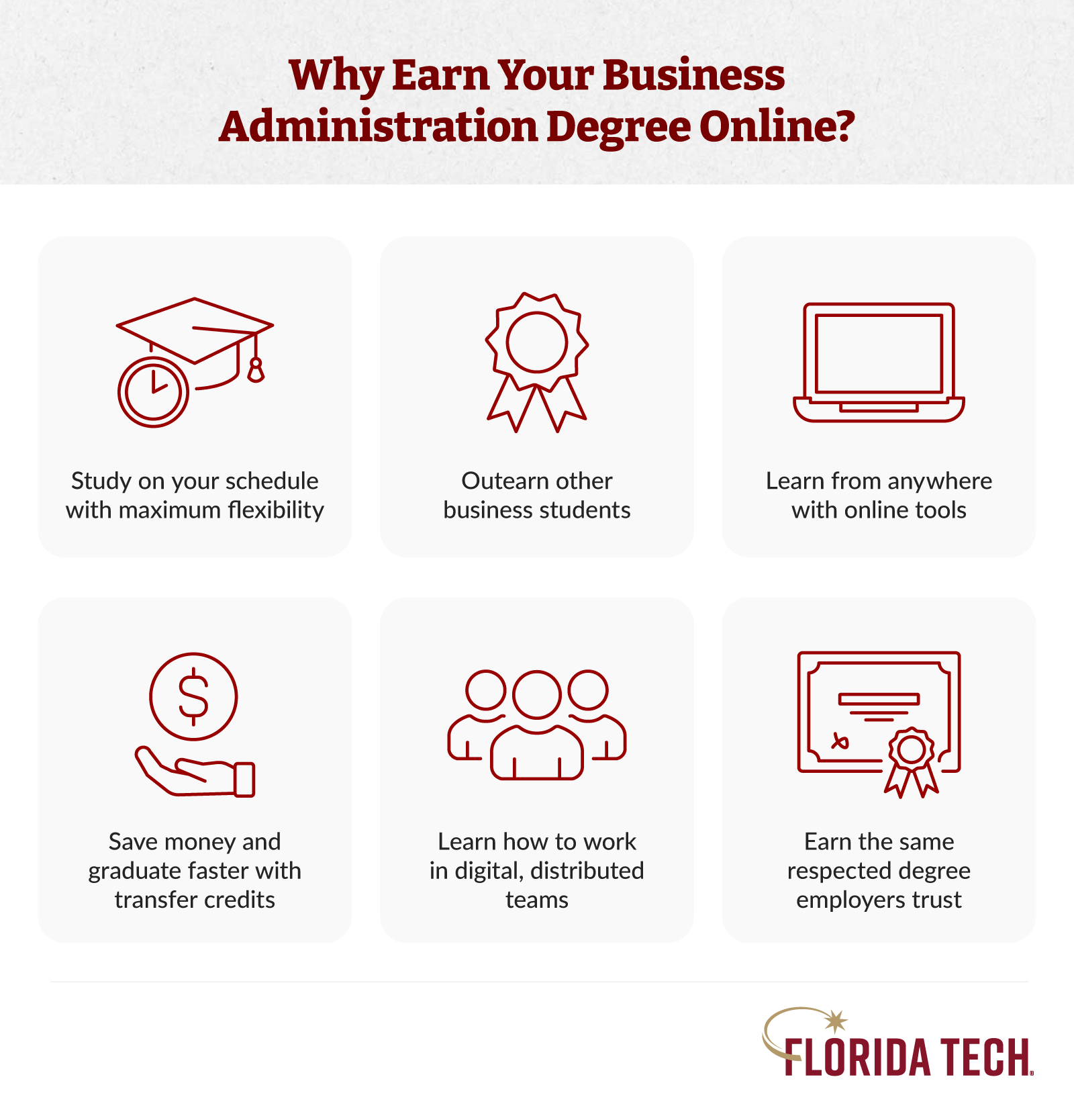 Florida Tech infographic: 6 benefits of earning an online business administration degree