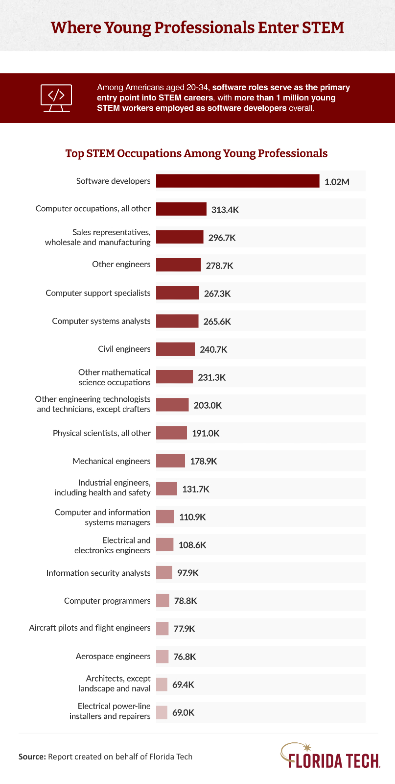 Bar chart showing top STEM occupations among young professionals ages 20-34, led by software developers at 1.02M