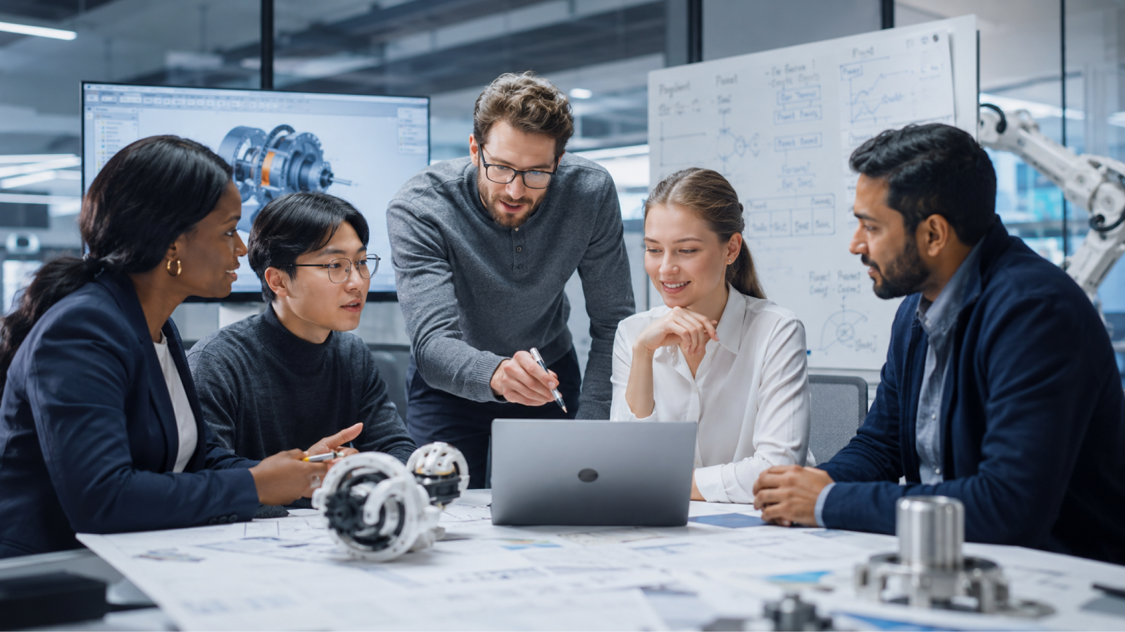 Diverse engineering team collaborating on robotics design around laptop in office