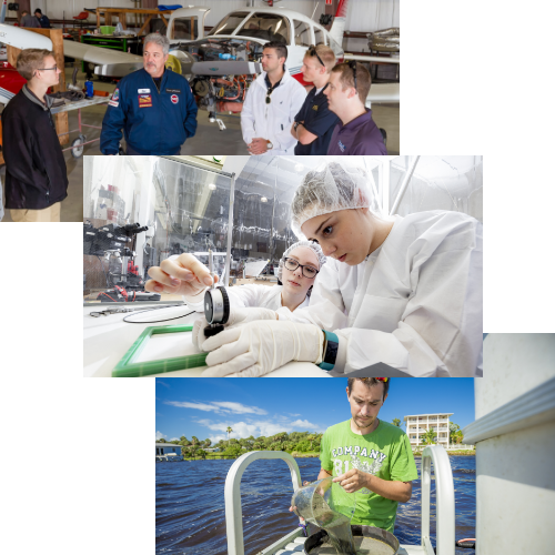 Snapshots of students working in various setting on Florida Tech campus